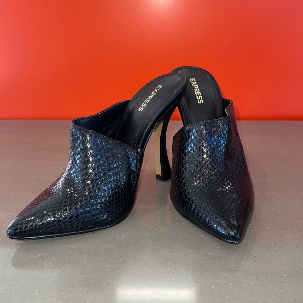 Black Express faux snake print embossed sexy mule heels